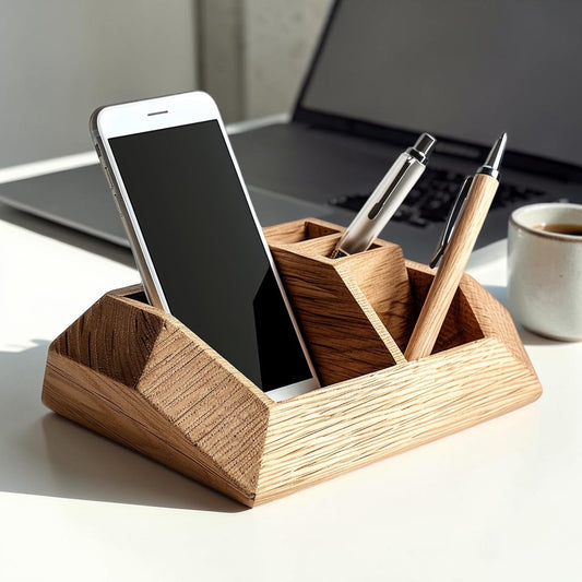 OAKD Modern Oak Wood Desktop Organizer - Minimalist Trapezoid Pen Holder and Phone Stand