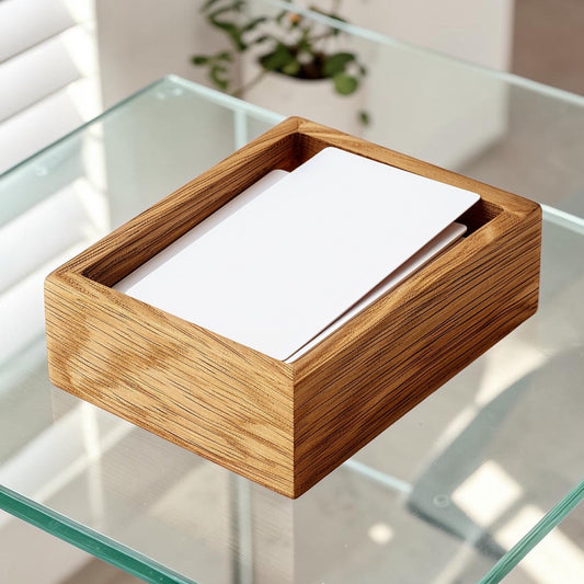 OAKD Minimalist Oak Wood Business Card Holder - Rectangular Desktop Memo and Sticky Note Tray