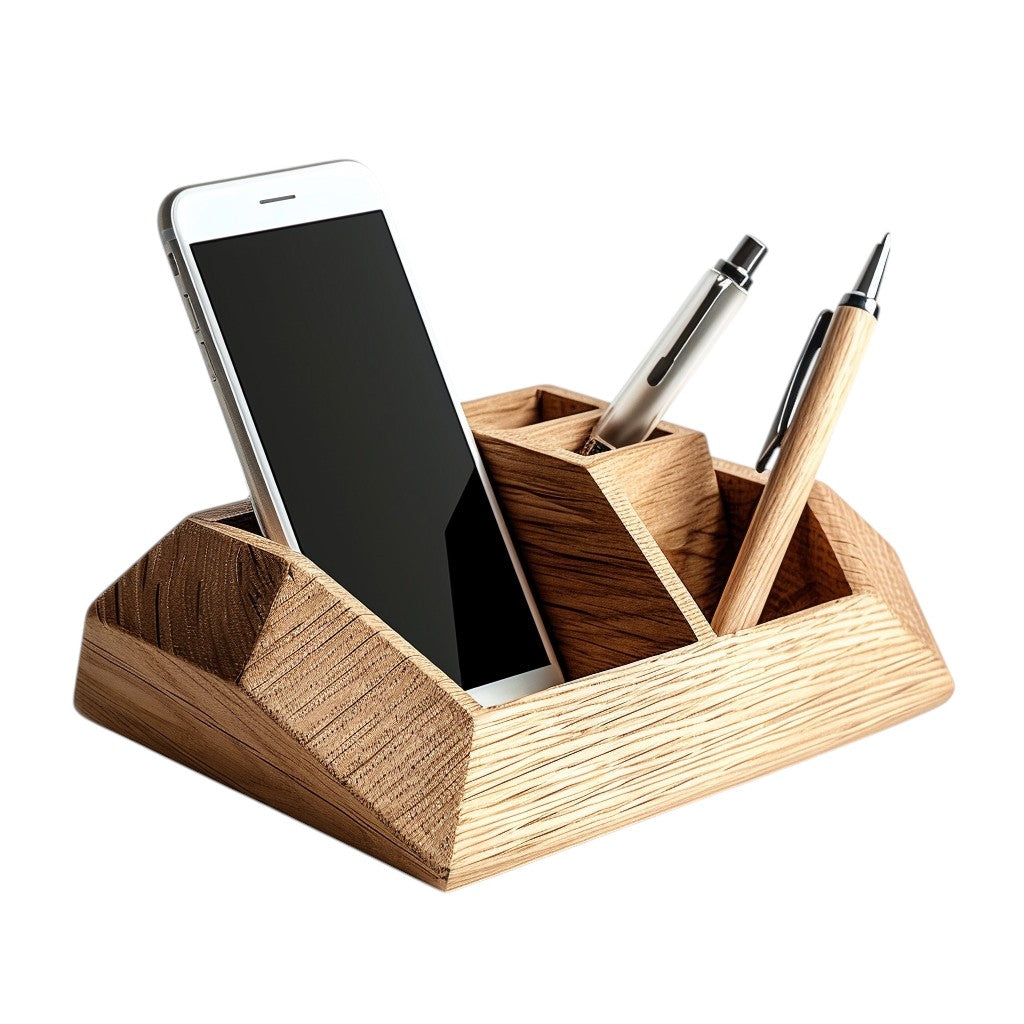 OAKD Modern Oak Wood Desktop Organizer - Minimalist Trapezoid Pen Holder and Phone Stand