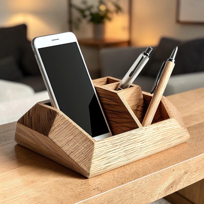 OAKD Modern Oak Wood Desktop Organizer - Minimalist Trapezoid Pen Holder and Phone Stand