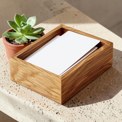 OAKD Minimalist Oak Wood Business Card Holder - Rectangular Desktop Memo and Sticky Note Tray